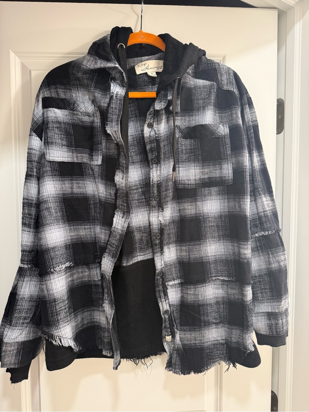 Black & White Plaid Hooded Shirt Jacket
